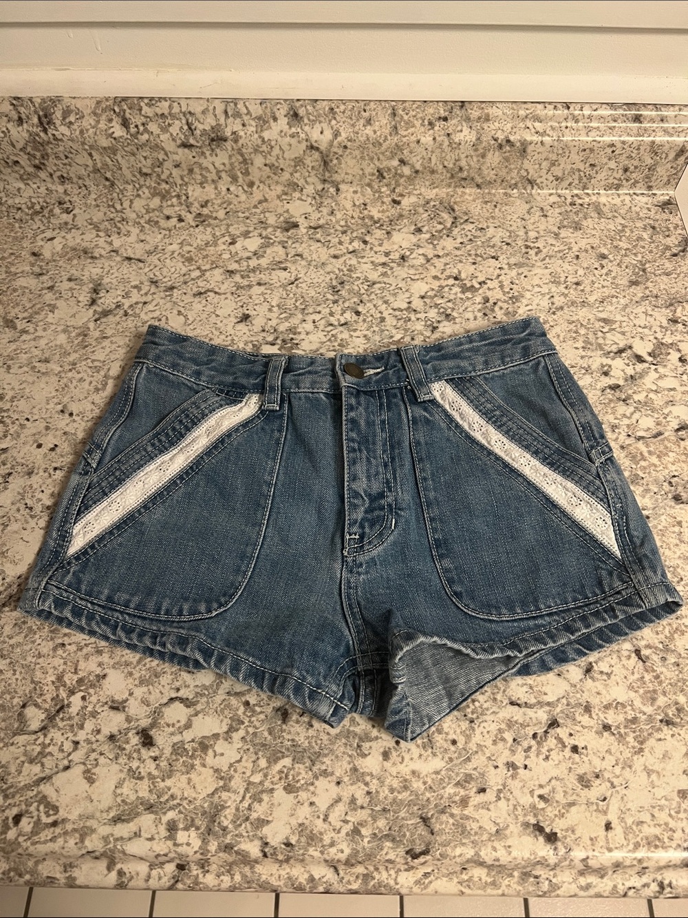 Urban Outfitters Blue Denim trouser style Shorts with White Lace accents